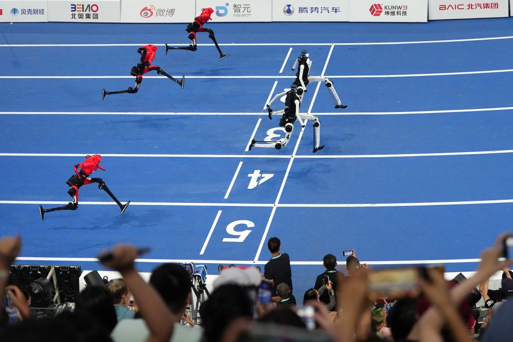 8月26日、100メートル大型部門決勝で走る天驕チーム（写真右から1番目）と天驍チーム（写真右から2番目）の人型ロボット（撮影・鞠煥宗）。