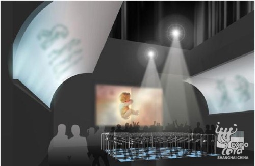 メーン展示２：3Dシアター：幅５．５mの２５０インチ大迫力立体映像シアター
